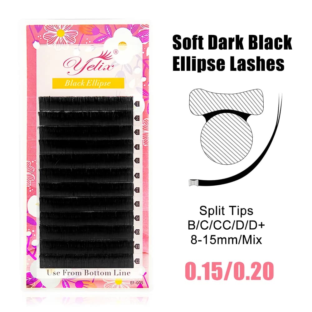 Ellipse Flat Split Tip Black Eyelash Extensions 0.15-0.20mm