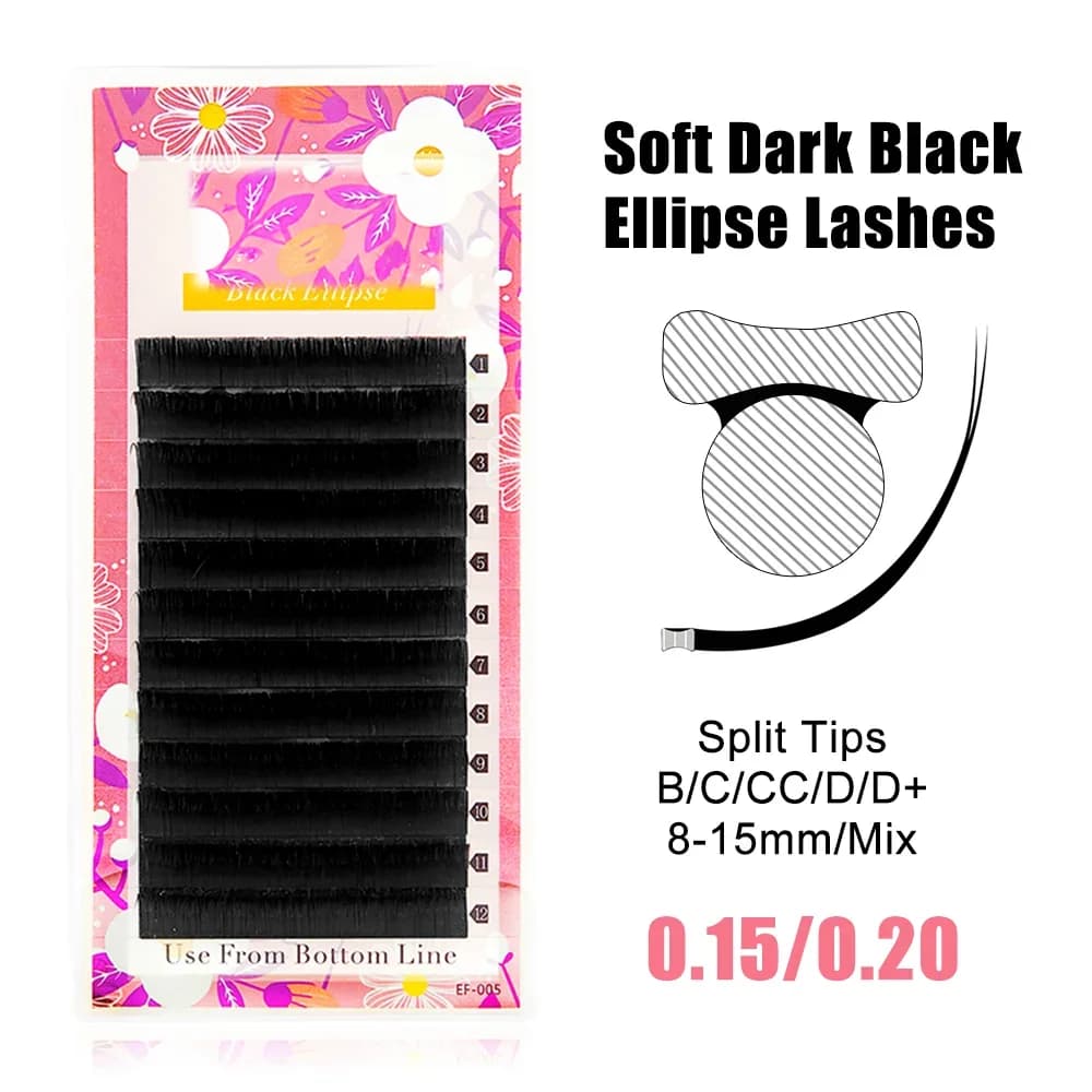 Ellipse Flat Split Tip Black Eyelash Extensions 0.15-0.20mm
